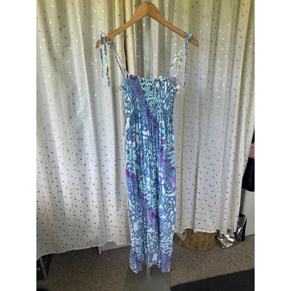 Pumehana Hawaiian Aloha Smocked Self Tie Spaghetti Straps Midi Sun Dress S/M - Picture 2 of 5